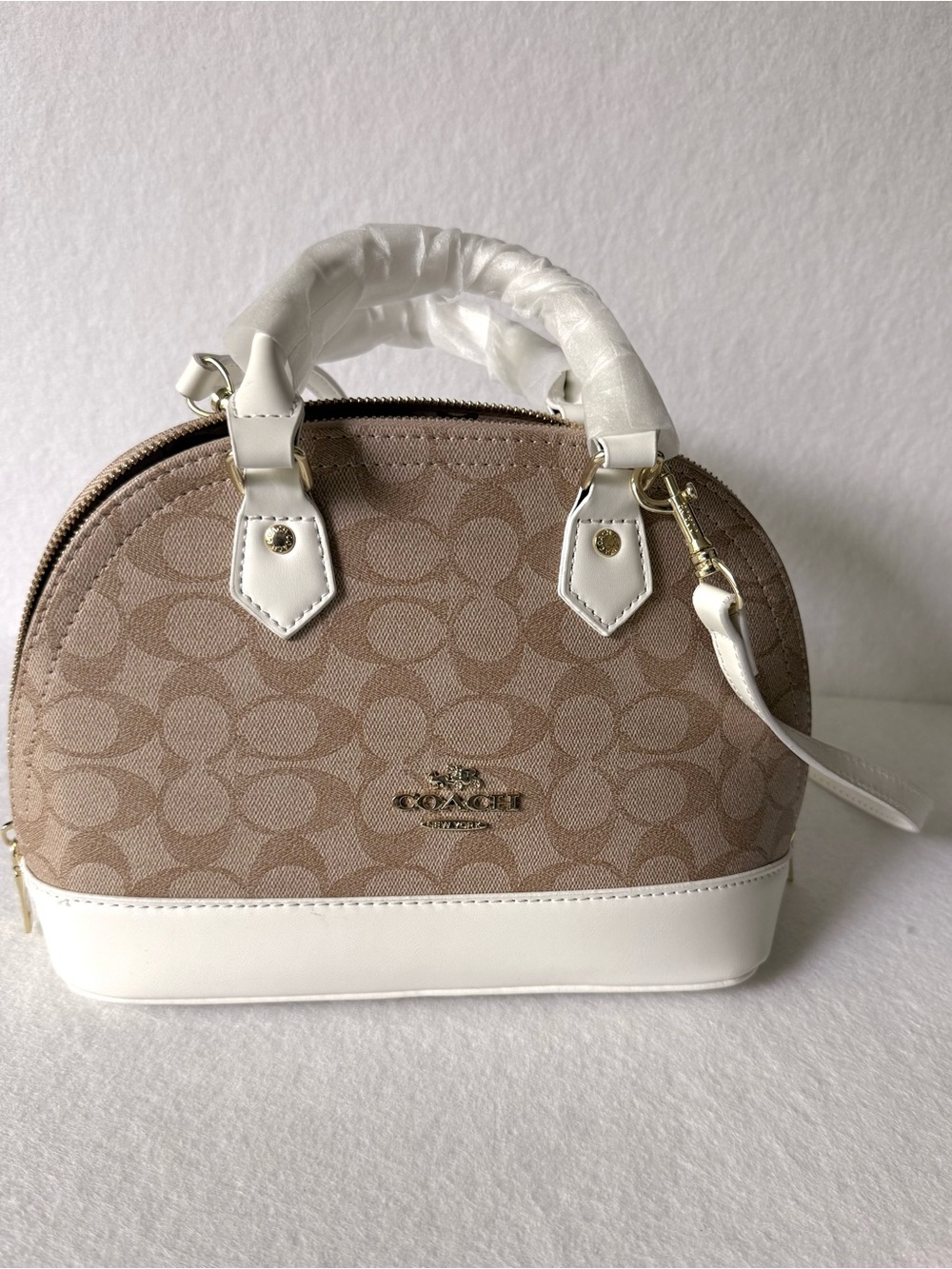 Coach Beige Signature Dome Satchel with White Trim